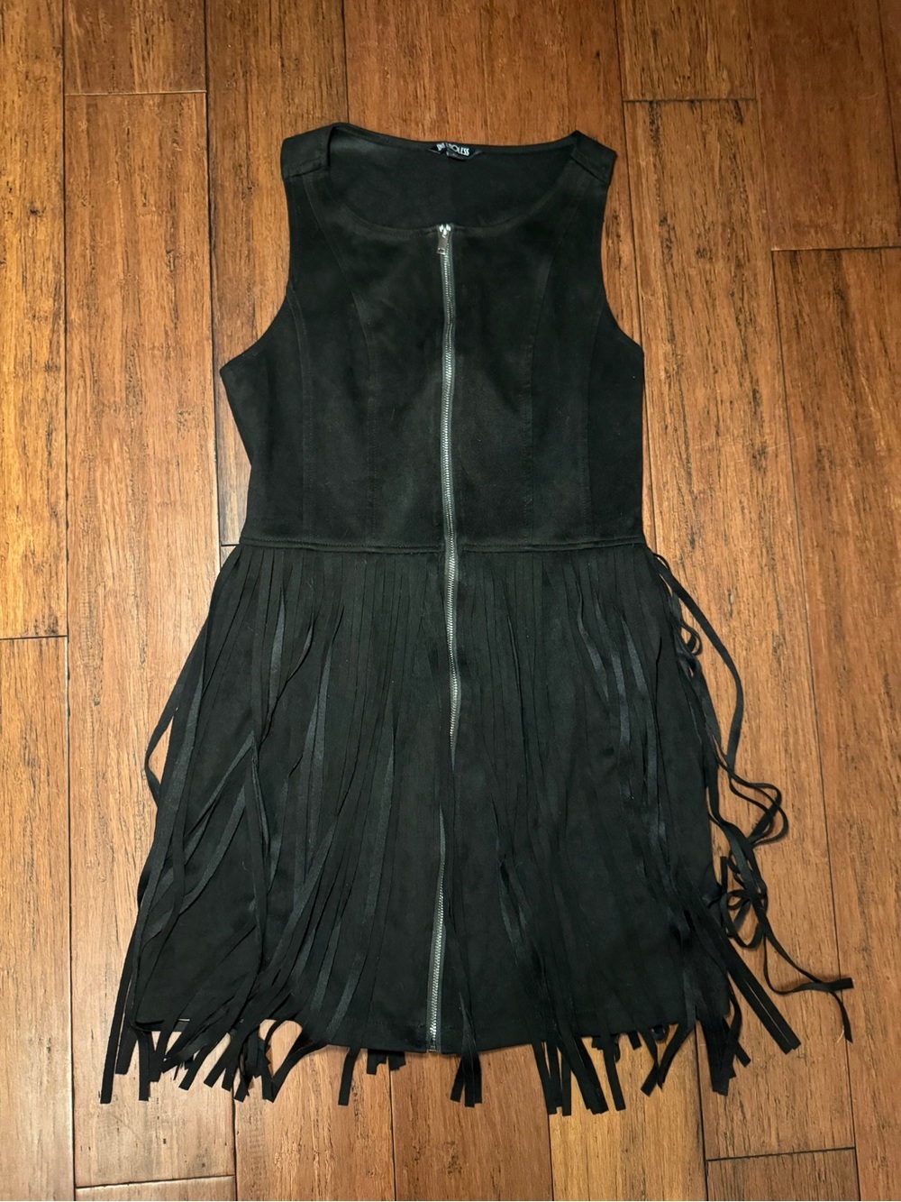 NOLESS Black Faux Suede Fringe Dress Zip Front Sleeveless Boho Western M - Picture 6 of 12